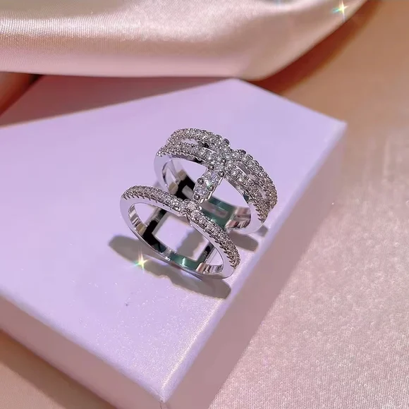 Silver Crystal Triple-Row Openwork Ring - Picture 3 of 7